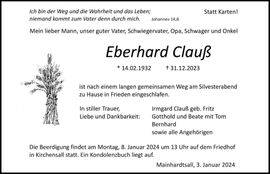 Traueranzeige von Eberhard Clauß von GESAMT