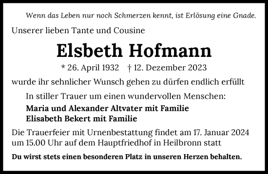 Traueranzeige von Elsbeth Hofmann von GESAMT