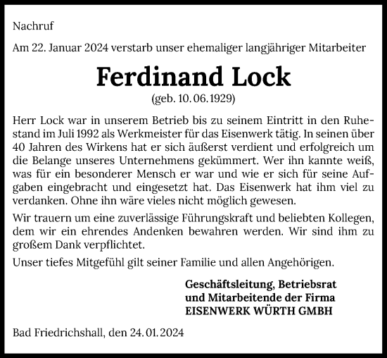 Traueranzeige von Ferdinand Lock von GESAMT