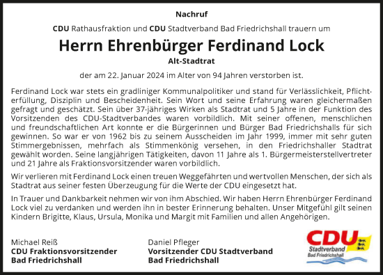 Traueranzeige von Ferdinand Lock von GESAMT