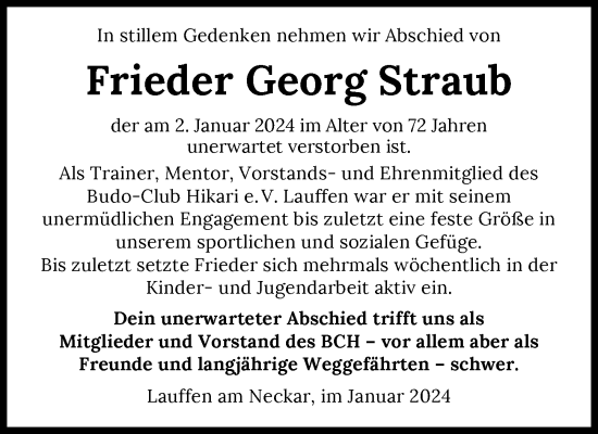 Traueranzeige von Frieder Georg Straub von GESAMT