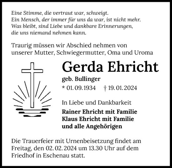 Traueranzeige von Gerda Ehricht von GESAMT