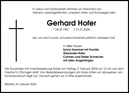 Traueranzeige von Gerhard Hofer von GESAMT