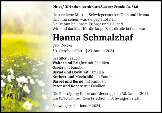 Traueranzeige von Hanna Schmalzhaf von GESAMT