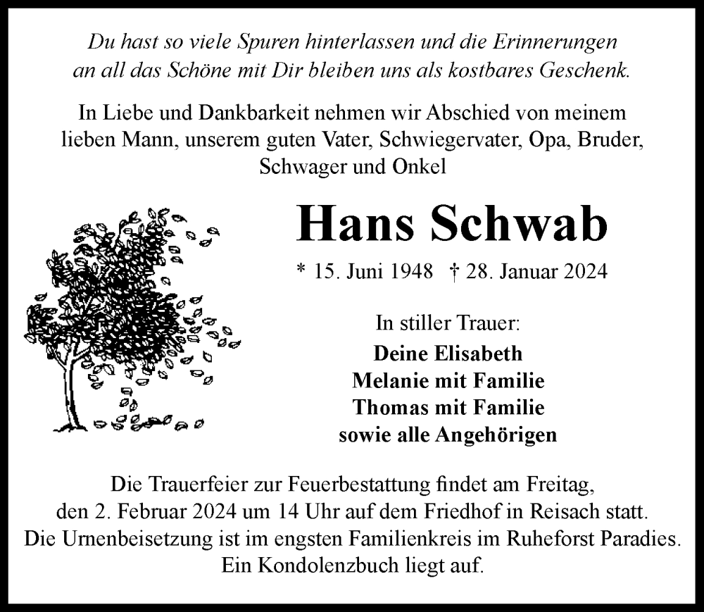  Traueranzeige für Hans Schwab vom 30.01.2024 aus GESAMT