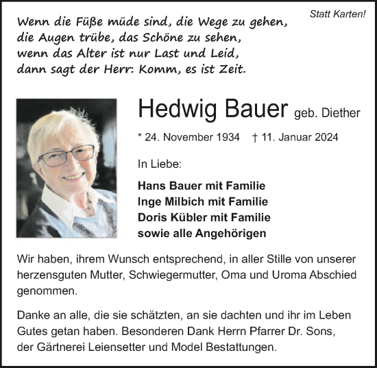 Traueranzeige von Hedwig Bauer von GESAMT