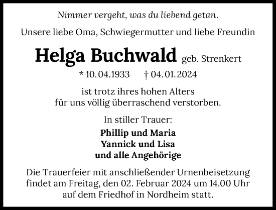 Traueranzeige von Helga Buchwald von GESAMT