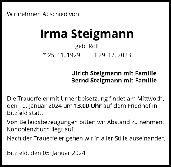 Traueranzeige von Irma Steigmann von GESAMT