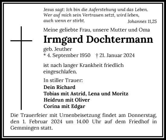 Traueranzeige von Irmgard Dochtermann von GESAMT