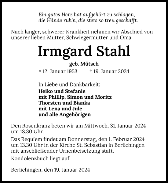 Traueranzeige von Irmgard Stahl von GESAMT