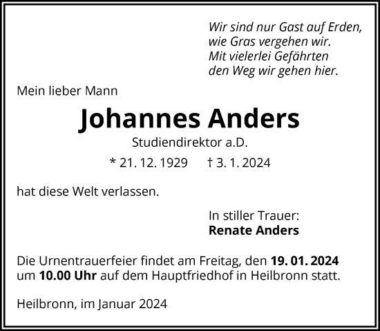 Traueranzeige von Johannes Anders von GESAMT