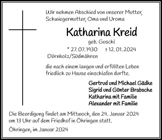 Traueranzeige von Katharina Kreid von GESAMT