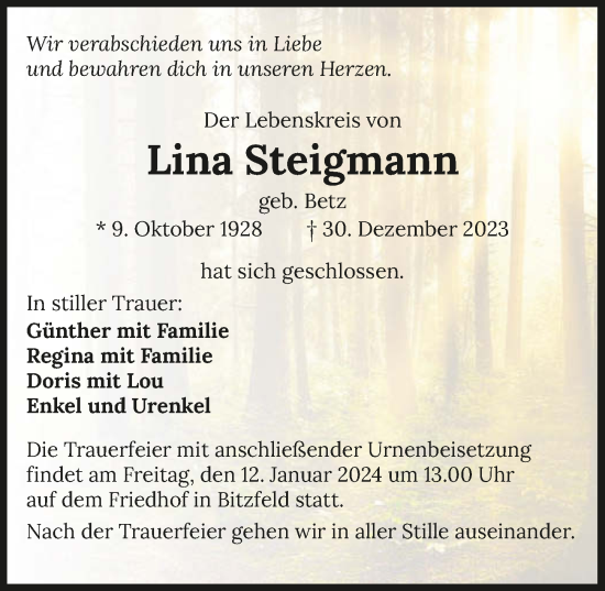 Traueranzeige von Lina Steigmann von GESAMT