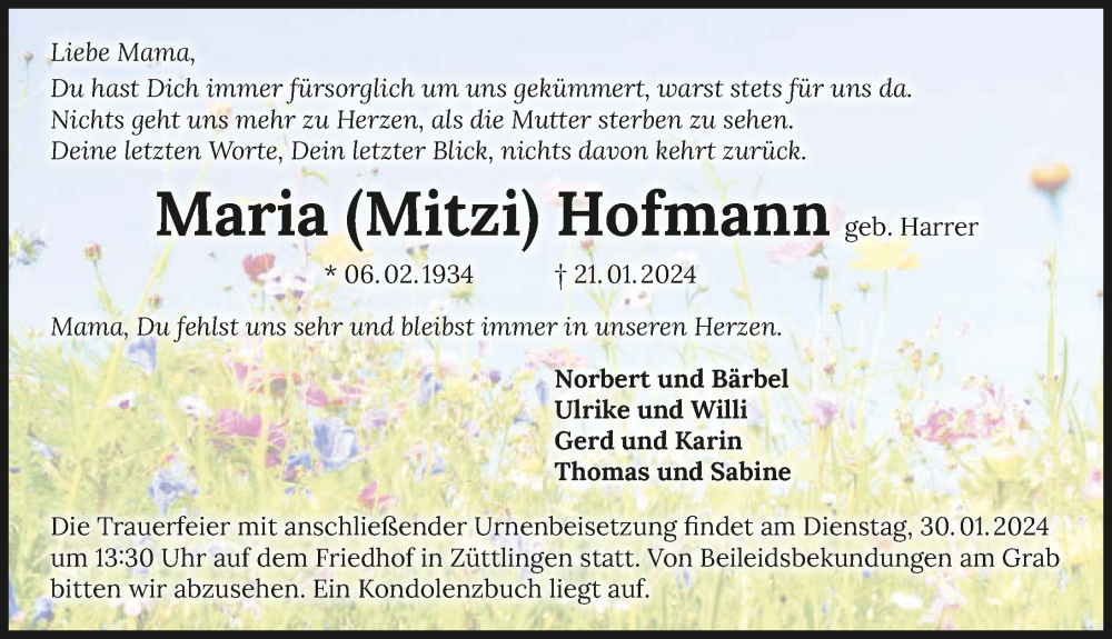  Traueranzeige für Maria Hofmann vom 26.01.2024 aus GESAMT