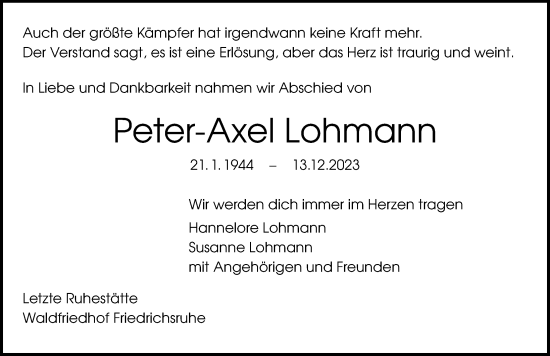 Traueranzeige von Peter-Axel Lohmann von GESAMT