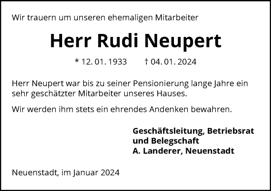 Traueranzeige von Rudi Neupert von GESAMT