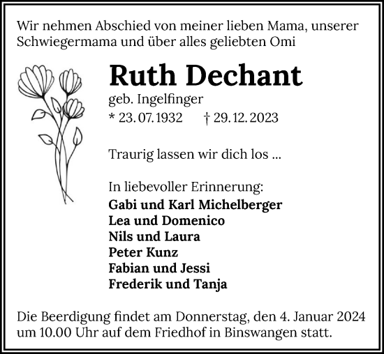 Traueranzeige von Ruth Dechant von GESAMT