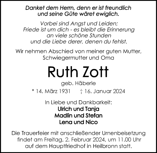 Traueranzeige von Ruth Zott