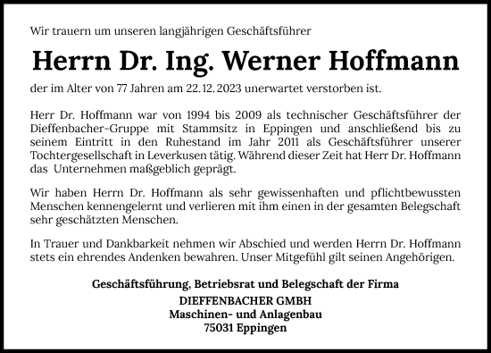 Traueranzeige von Werner Hoffmann von GESAMT