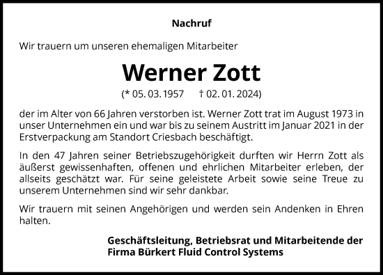 Traueranzeige von Werner Zott von GESAMT