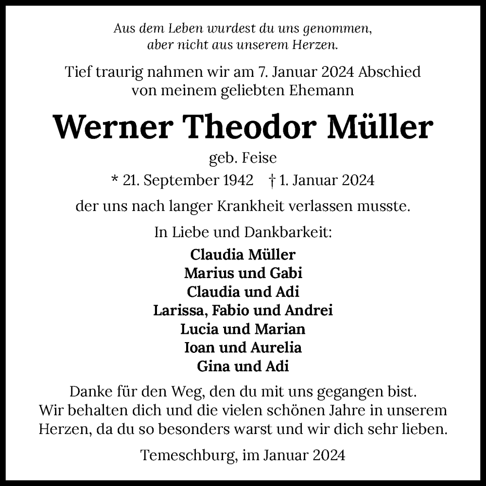  Traueranzeige für Werner Theodor Müller vom 13.01.2024 aus GESAMT