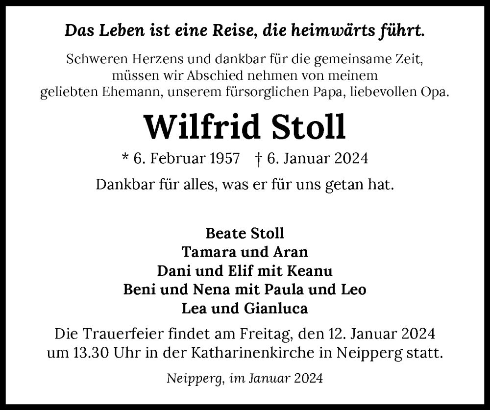  Traueranzeige für Wilfrid Stoll vom 09.01.2024 aus GESAMT