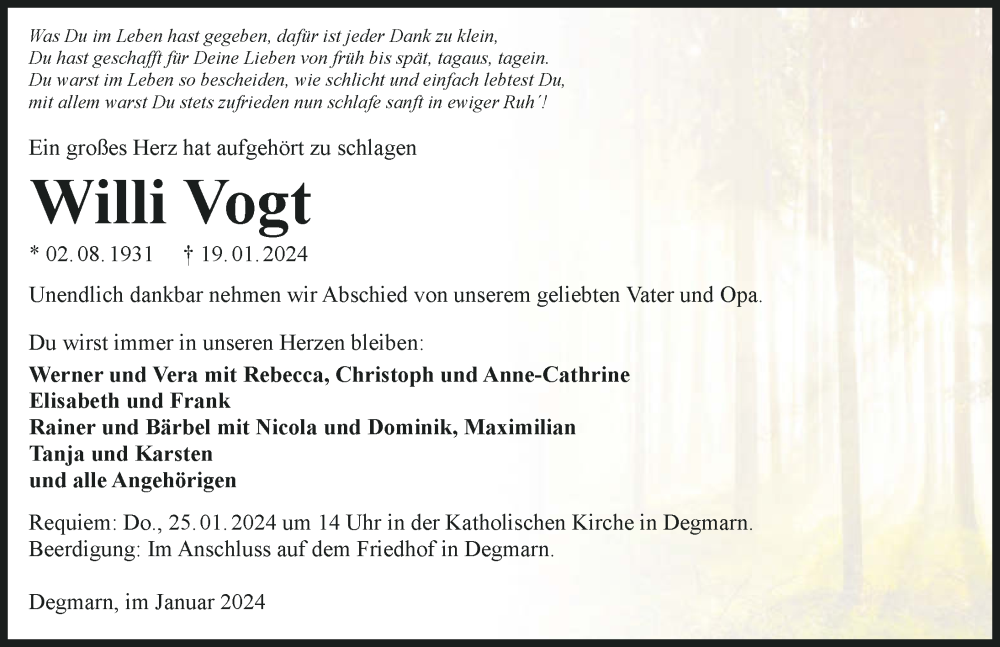  Traueranzeige für Willi Vogt vom 23.01.2024 aus GESAMT