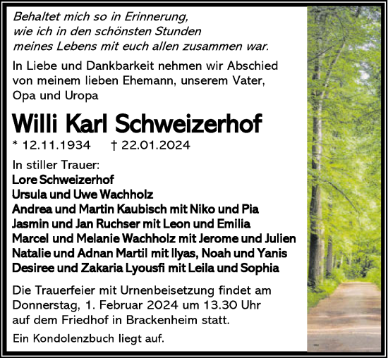 Traueranzeige von Willi Karl Schweizerhof von GESAMT