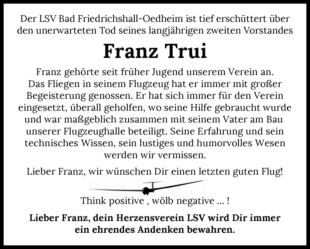  Traueranzeige für Franz Trui vom 12.10.2024 aus 