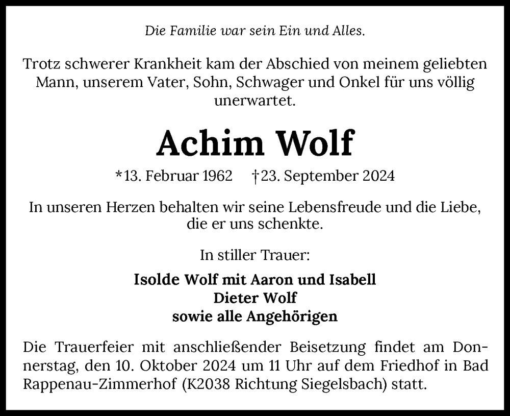  Traueranzeige für Achim Wolf vom 05.10.2024 aus GESAMT