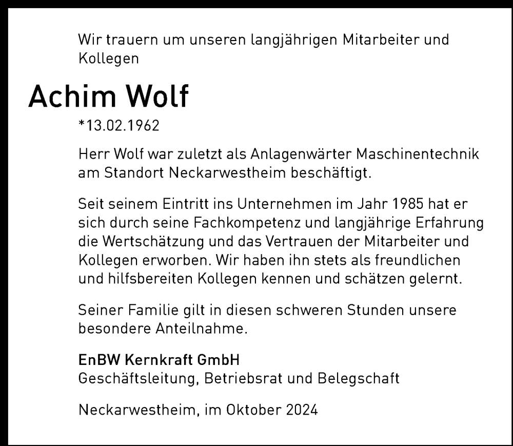  Traueranzeige für Achim Wolf vom 05.10.2024 aus GESAMT