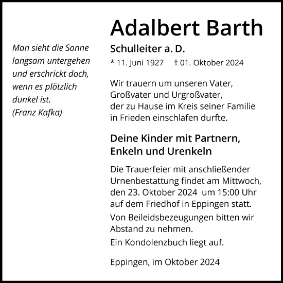 Traueranzeige von Adalbert Barth von GESAMT