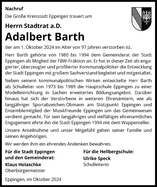 Traueranzeige von Adalbert Barth von GESAMT