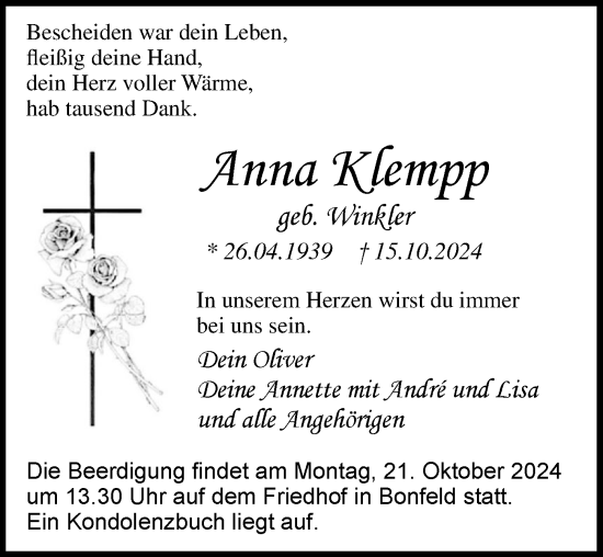 Traueranzeige von Anna Klempp von GESAMT