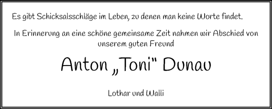 Traueranzeige von Anton  Dunau von GESAMT