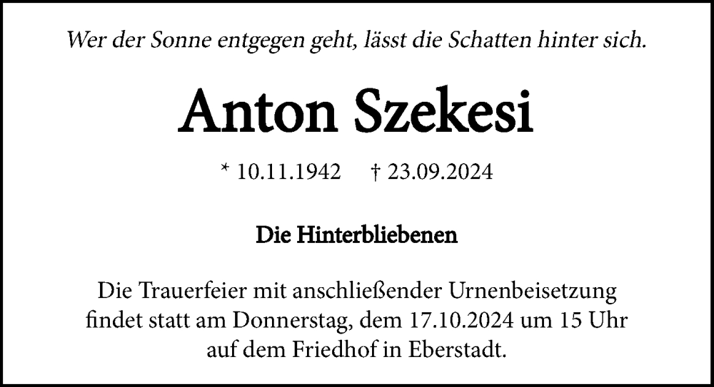  Traueranzeige für Anton Szekesi vom 14.10.2024 aus GESAMT