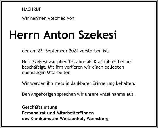 Traueranzeige von Anton Szekesi von GESAMT