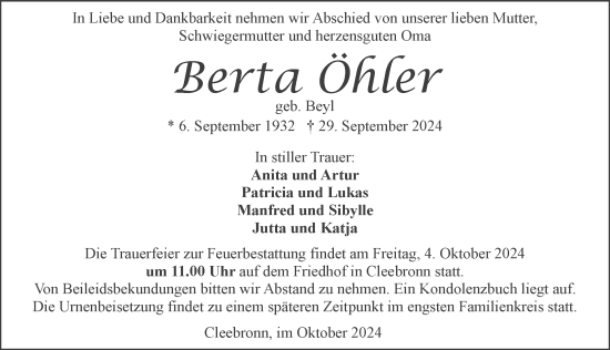 Traueranzeige von Berta Öhler von GESAMT