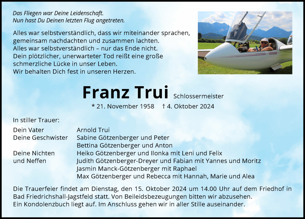  Traueranzeige für Franz Trui vom 12.10.2024 aus 