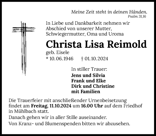 Traueranzeige von Christa Lisa Reimold von GESAMT