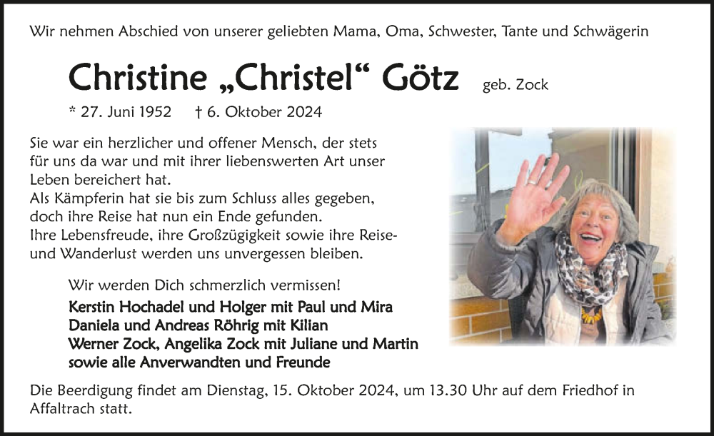  Traueranzeige für Christine Götz vom 11.10.2024 aus GESAMT