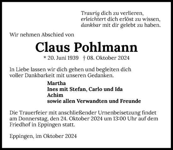 Traueranzeige von Claus Pohlmann von GESAMT