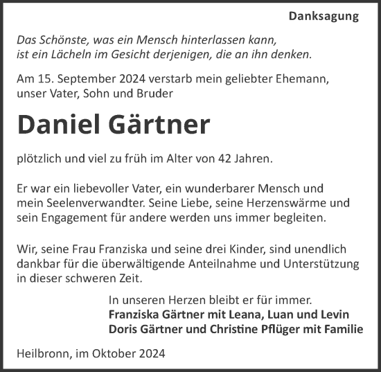 Traueranzeige von Daniel Gärtner von GESAMT