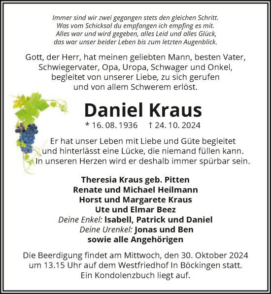 Traueranzeige von Daniel Kraus von GESAMT