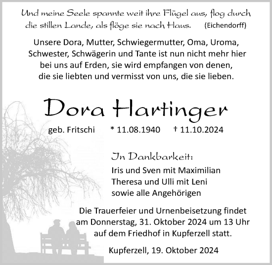 Traueranzeige von Dora Hartinger von GESAMT