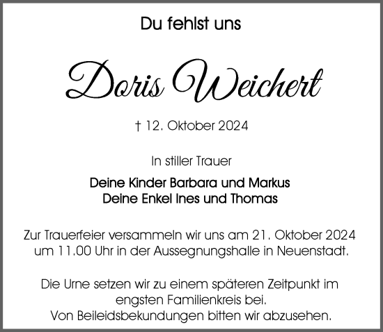 Traueranzeige von Doris Weichert von GESAMT