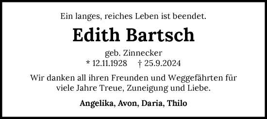 Traueranzeige von Edith Bartsch von GESAMT