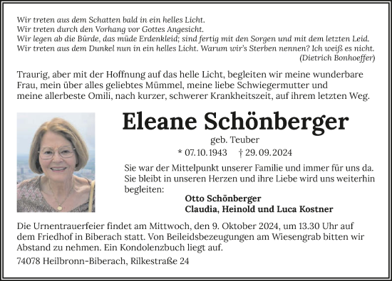 Traueranzeige von Eleane Schönberger von GESAMT