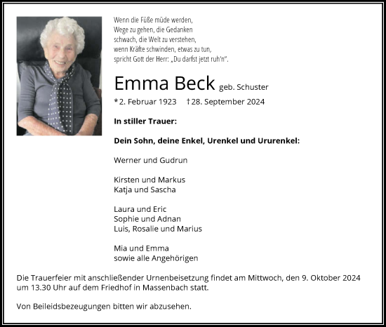 Traueranzeige von Emma Beck von GESAMT