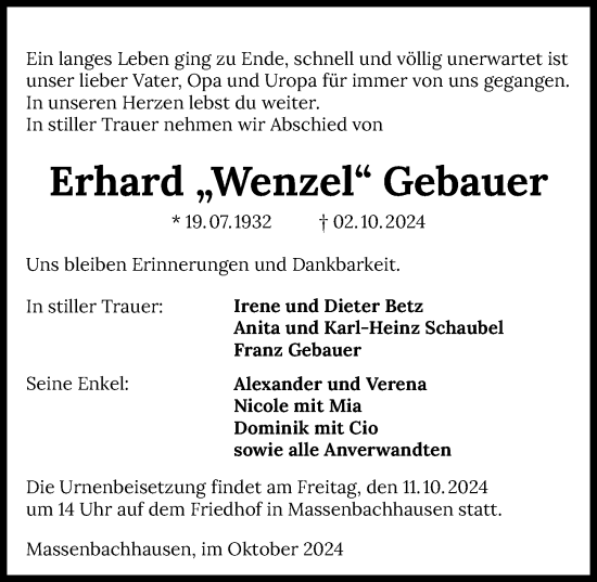 Traueranzeige von Erhard Gebauer von GESAMT